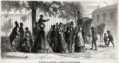 Le preche en plein air, London, Durand Brager rajza, L. Simonin 1862-es kirándulása London szegény negyedeibe illusztrálására. Gravírozás a „Le tour du monde”-ban, szerkesztette Edouard Charton alkotó: Unknown artist