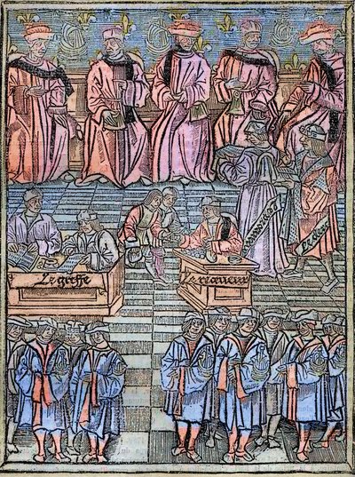 Le prevot des marchands et les echevins de Paris au 16eme századi metszet az 1528-as eredeti után – A kereskedők prépostja és a párizsi alpolgármesterek, az adóbeszedés színhelye, címlap a „Királyi rendeletek a Prevote des Merchants joghatóságáról” c. alkotó: Unknown artist