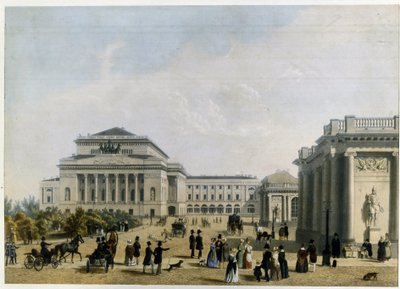 Az Alexandrinski Színház (vagy Alexandra) Szentpéterváron (Szentpétervári Sándor Színház). Névtelen mű, színes litográfia, 1830 körül. 19. századi klasszicizmus. Állami Színház- és Zeneművészeti Múzeum, Szentpétervár. alkotó: Unknown artist