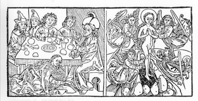 Balra: Szent Mária Magdolna hajával szárítja Jézus lábát. Jobb oldalon: Szent Mária Magdolna felmegy a mennybe. Nürnbergben nyomtatott kézirat 1488-ból. Vorai Jacobus (Jakab) metszete a „Leben der Heiligen - sommerteil” (A szent könyvéből) alkotó: Unknown artist