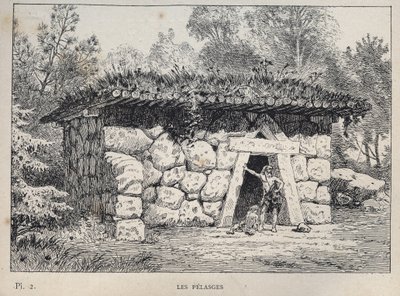 A Pelasge-ok (pelasgok) – 1889-es metszet az „Emberi lakhatás története az 1889-es egyetemes kiállításon, Charles GARNIER úr – Librairie centrale des beaux-arts Paris 1889” című könyvében alkotó: Unknown artist
