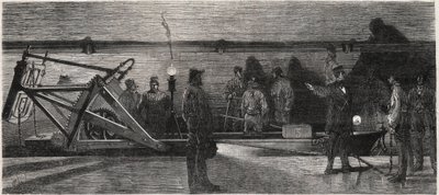 Les egouts de Paris: „öblítő csónak” a gyűjtőcsatorna tisztítására - Gravírozás a „Le Monde Illustré”-től” alkotó: Unknown artist