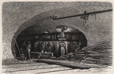 Párizs szennyvízcsatornája: csőkanyar a Saint Michel híd közelében (Saint-Michel), Place du Chatelet - Metszet a „” Le Monde Illustré”-ben” alkotó: Unknown artist