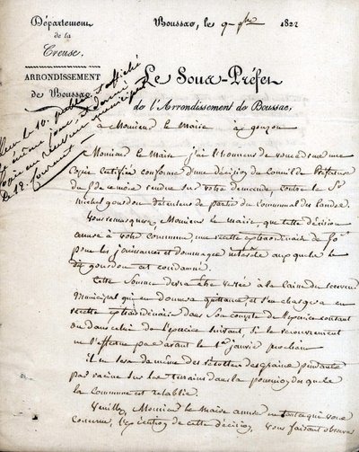Creuse (Boussac kerület) alprefektusának levele Gouzon polgármesteréhez, 1822. szeptember 9. alkotó: Unknown artist