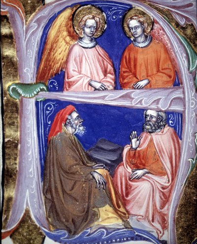 Lettrine, amely angyalokat és filozófusokat képvisel, akik megvitatják – a De civitate dei de St Augustine-ban. 14. századi kézirat. Városi Bibl. Riminiből. alkotó: Unknown artist