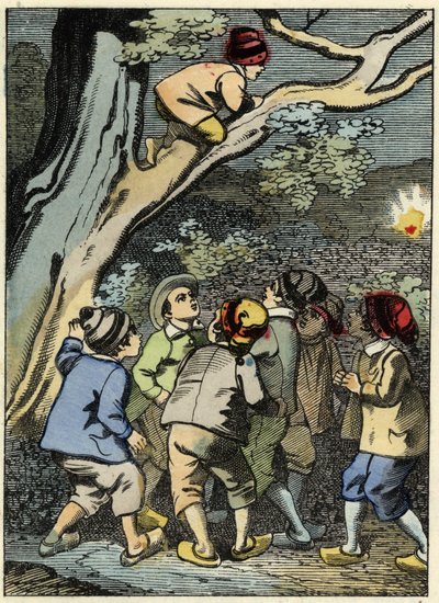 A kis Poucet felmászik egy fára, és keresi az utat. Fényt vesz fel az erdőben. Illusztráció Charles Perrault „Le Pepetit Poucet” című meséjéről alkotó: Unknown artist