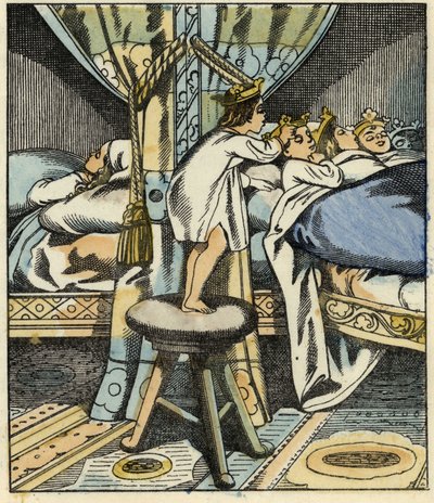 A kis Poucet az ogre hét lányának koronáját helyezi testvérei fejére. Illusztráció Charles Perrault „Le Petite Poucet” című meséjéhez alkotó: Unknown artist