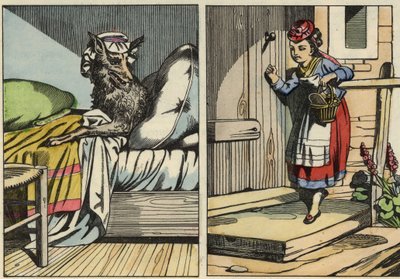 Piroska kopogtat a nagymamája ajtaján. Illusztráció Charles Perrault „A Piroska” című meséjéről alkotó: Unknown artist