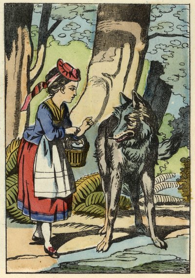 Piroska találkozik a farkassal az erdőben. Illusztráció Charles Perrault „A Piroska” című meséjéről alkotó: Unknown artist