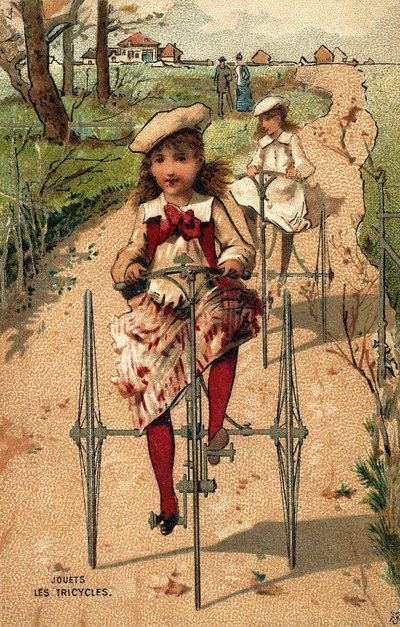 Kislányok triciklizni.Kromolitográfia 1890 körül. alkotó: Unknown artist