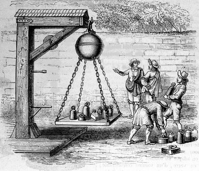 Felfüggesztett magdeburgi féltekék betöltése a légköri nyomás kiszámításához – Otto von Guericke (Otto de Guericke) „Ottonis de Guericke: Experimenta Nova Magdeburgica de vacuo spatio” című könyvében alkotó: Unknown artist