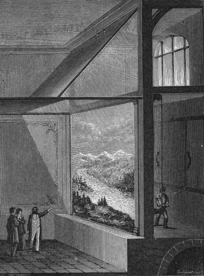 Louis Daguerre bemutatta a diorámát és a festményváltás módját alkotó: Unknown artist