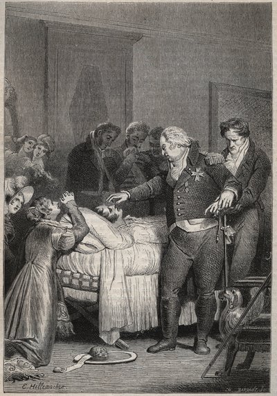 XVIII. Lajos Berry hercegének halálos ágyán – Berry herceg utolsó pillanatai 1820. február 13-án (1778-1820) a párizsi operában, XVIII. Lajos és a királyi család körül – „Histoire de France narrate to my unokák" alkotó: Unknown artist