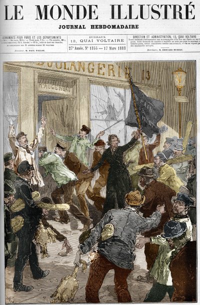 Louise Michel (1833-1905), francia forradalmár, aki „kenyér vagy halál” feliratú fekete zászlót lengetett, egy pékség kifosztása közben az 1883. március 9-i párizsi munkástüntetésen. alkotó: Unknown artist