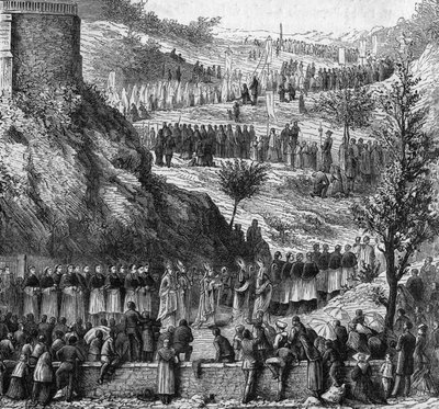 Lourdes 1864: felvonulás a barlanghoz Szeplőtelen Mária szobrának felavatására. alkotó: Unknown artist