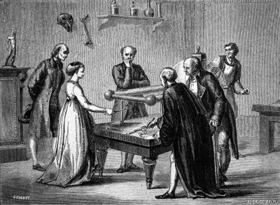 Luigi Galvani, bolognai professzor 1780-ban fedezte fel a békaizmok elektromosság általi ingerlékenységét. századi metszet. alkotó: Unknown artist