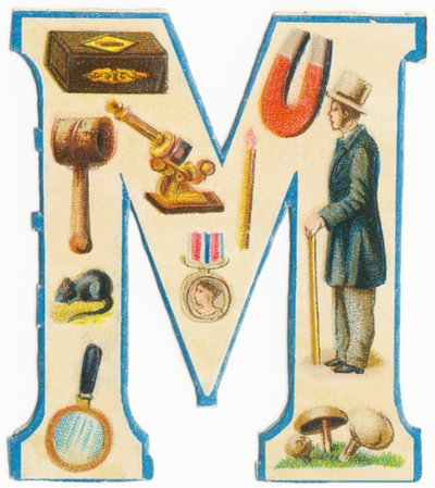 M: gyufa, mágnes, kalapács, mikroszkóp, egér, érem, ember, nagyító, gomba (színes litho) alkotó: Unknown artist