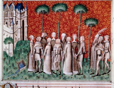Machaut megtalálja a hölgyét. Miniatűr a „Remede de Fortune” (Folio 51) partitúrájából, Guillaume de Machaut (1300-1377. v.), 1350-1355 körül. alkotó: Unknown artist