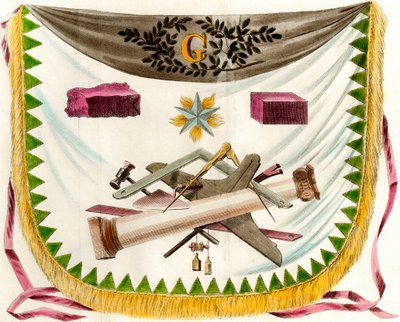 Macon frank kötény, amely a szabad nap szimbólumait díszítő kötényt ábrázol. századi metszet Magángyűjtemény alkotó: Unknown artist