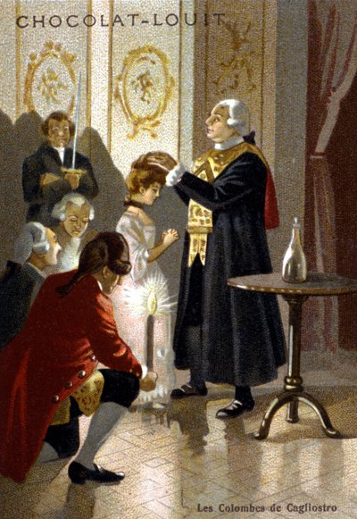 Giuseppe Balsamo, Sándor, Cagliostro grófja (1743 - 1795) varázslatos ülése. század végi kromolitográfia.. alkotó: Unknown artist