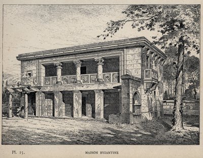 Maison Byzantine (Bizánci Ház) (1889-es metszet az „Emberi lakhatás története az 1889-es egyetemes kiállításon, Charles GARNIER úr – Librairie centrale des beaux-arts Paris 1889” című művében alkotó: Unknown artist