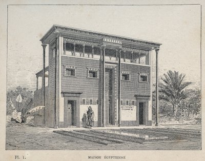 Egyiptomi ház (egyiptomi ház) - 1889-es metszet az „Emberi lakhatás története az 1889-es egyetemes kiállításon, Charles GARNIER úr – Librairie centrale des beaux-arts Paris 1889” című könyvében alkotó: Unknown artist