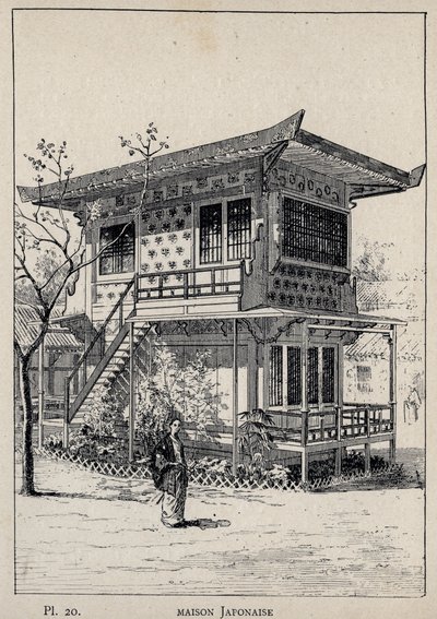 Japán ház (japán ház) - 1889-ben készült metszet az „Emberi lakhatás története az 1889-es egyetemes kiállításon, Charles GARNIER úr – Librairie centrale des beaux-arts Paris 1889 című könyvében alkotó: Unknown artist