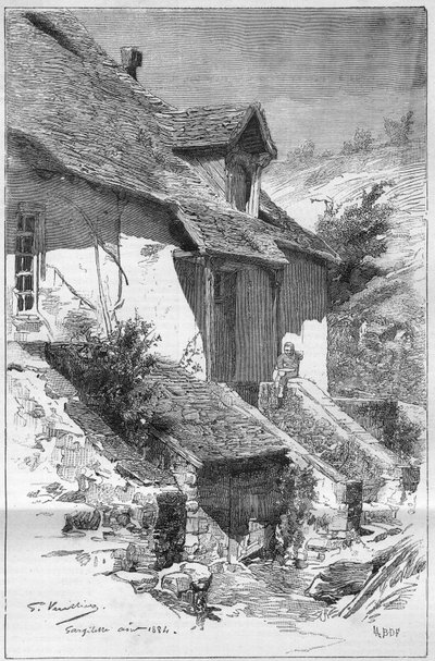 George Sand (Aurore Dupin, Baronne Dudevant) (1804-1876) francia író háza Gargilesse-ben (Indre) a Creuse partján, Franciaországban. Metszet a ""The Illustrious World""-ben alkotó: Unknown artist