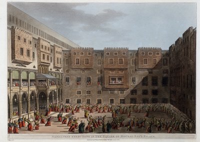 A Mourad Bey palota udvarán gyakorló mameluk - „Kilátások Egyiptomban, Palesztinában és az Oszmán Birodalom más részein” alkotó: Unknown artist