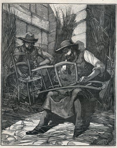 Szék gyártás: székek mulcsozása, botozása. Metszet 1885-ből Adolphe BITARD „” Les arts et metiers illustres” című könyvébe. alkotó: Unknown artist