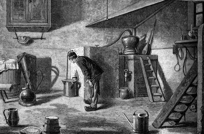 Kirsch gyártása: lepárlás, Isenberg kastélya Elzászban. Metszet a „” Le Journal de la jeunesse”-be alkotó: Unknown artist