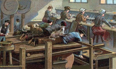 Kések gyártása, öntőműhely. század végi kromolitográfiája alkotó: Unknown artist