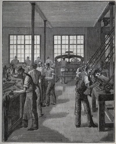 Tolltartó (tolltartó) és tolltartó (tolltartó) gyártása. Metszet 1885-ből Adolphe BITARD „Les arts et metiers illustres” című könyvében. alkotó: Unknown artist