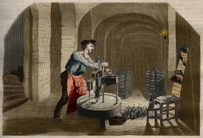 Pezsgő bor gyártása: pincében használt palackozó gép. Metszet 1858-ból a „Le Musee Des Sciences”-ben alkotó: Unknown artist