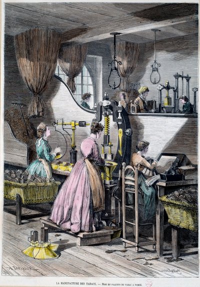 Dohány gyártása, dohányzásra szánt dohány csomagolása. 1867-es Párizs litográfiája, Musee Carnavalet alkotó: Unknown artist