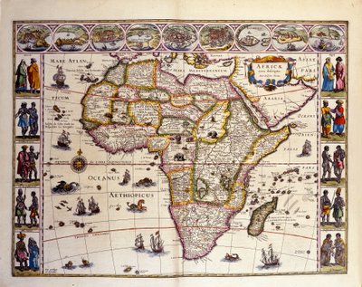 Afrika térképe William Blaeu atlaszából. A tetején Tanger, Ceuta, Algír, Tunisz, Alexandria, Alcair, Mozambik, Saint Georges de la Mina, Kanári-szigetek városai találhatók. Különféle szigetek képviseltetik magukat Afrika mellett, a Mascareignes-szigetek, M alkotó: Unknown artist