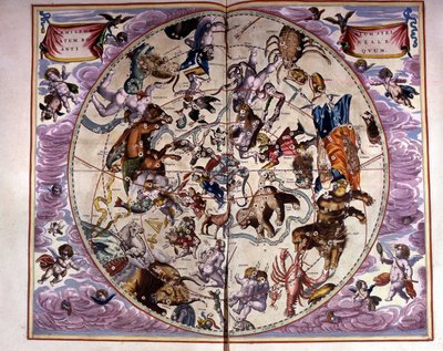 Égtérkép és állatöv jelei - egy ősi kompozíció fakszimile, amely az északi égbolt csillagképeit ábrázolja, André Cellarius „Harmonia Macrocosmica” című művének megfelelően alkotó: Unknown artist