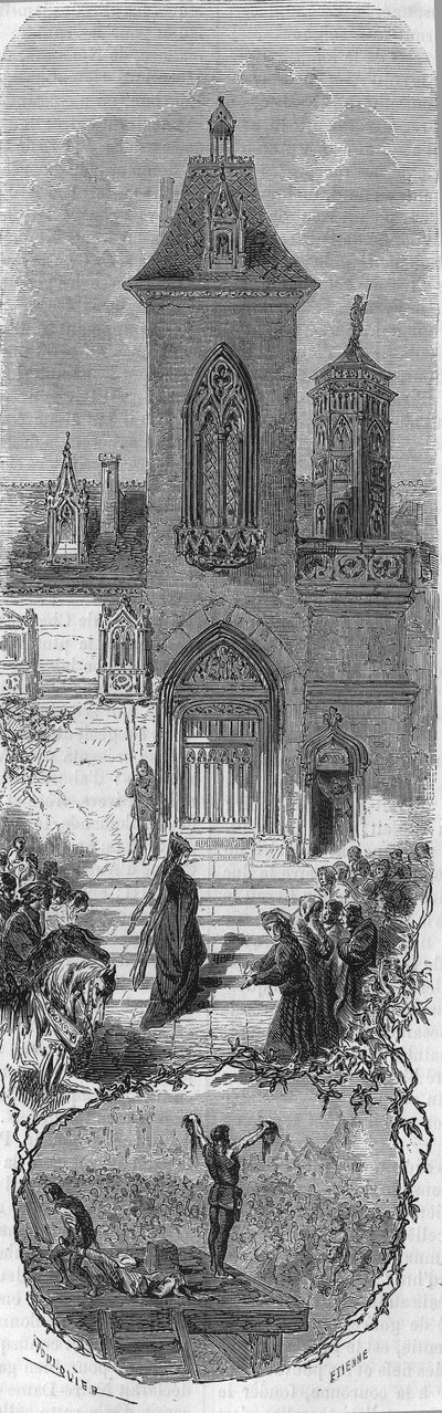Marie de Burgundy miniszterei kegyelmét kéri. Hugonat és Humbercourt apja halála 1477. április 3-án. 19. századi metszet. alkotó: Unknown artist