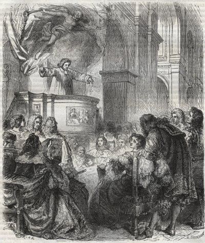 Marie de Rabutin-Chantal (Rabutin Chantal), Sevigne márkinéja, Madame de Sevigne (1626-1696), hallgassa Louis Bourdaloue (1632-1704) francia nyelvét a jezsuiták templomában, a párizsi Saint-Louis-ban - 1866-os metszet alkotó: Unknown artist