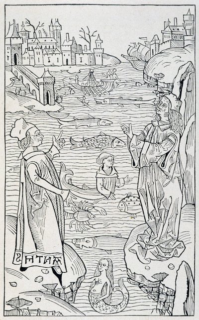 Tengeri állatok és szörnyek – a „Hortus Sanitatis” „” De Piscibus”” fejezetének címlapja, Mainz 1491-es kiadása alkotó: Unknown artist