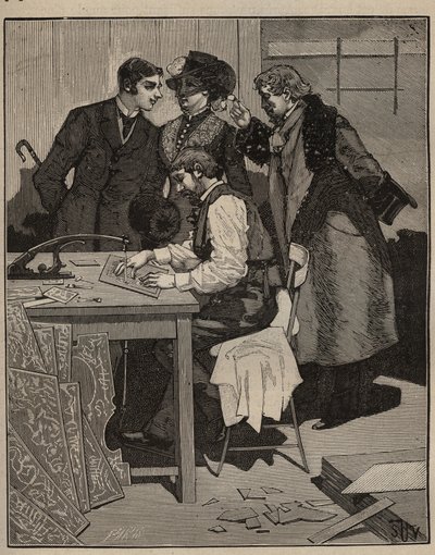 Intarzia: az intarziának megvan a munkája. Metszet 1885-ből Adolphe BITARD „Les arts et metiers illustres” című könyvében. alkotó: Unknown artist