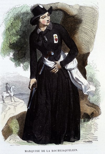 La Rochejaquelein (vagy La Rochejacquelein) márki (1772 - 1857) (ládán a vendéiek jelvénye), metszet a XIX. alkotó: Unknown artist