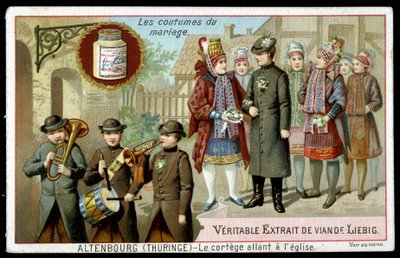 Házassági szokások: az altenburgi (Türingia) templomba tartó körmenet - chromo. Liebig, 1895. v alkotó: Unknown artist