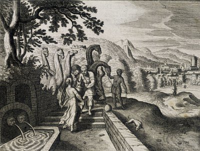 Izsák és Rebeka házassága. Metszet egy 17. századi Bibliából. alkotó: Unknown artist