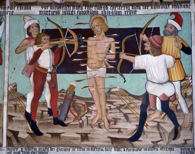 Szent Sebestyén mártíromsága, Szent Sebestyén élete (15. század), freskók, Szent Sebestyén-kápolna, Villard-de-Lans, Rhône-Alpes, Franciaország. alkotó: Unknown artist