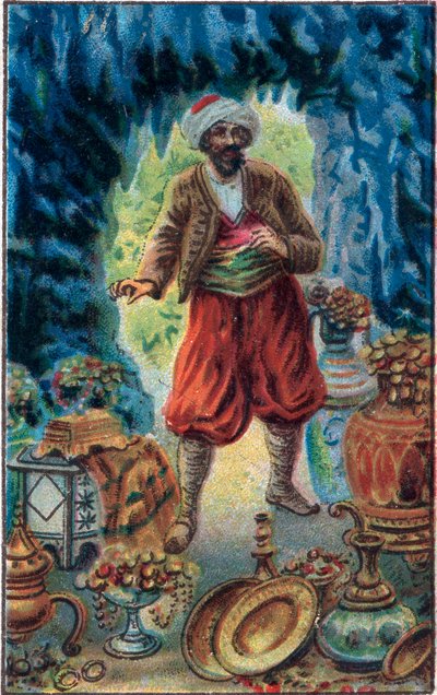 Maruf a barlangban: A megmentő Maruf (Maruf) meséje „Az ezeregy éjszaka” (az 1001 éjszaka vagy Le mille e una notte, Arab éjszakák), 19. század végi kromolitográfiája. alkotó: Unknown artist