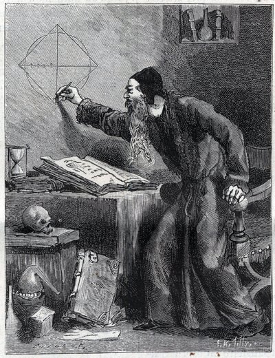 Matematika és geometria: A kör kvadratúrájának tudományos kutatója a XVI. Metszet a „” La Nature”-ben 1890. Magángyűjtemény. alkotó: Unknown artist
