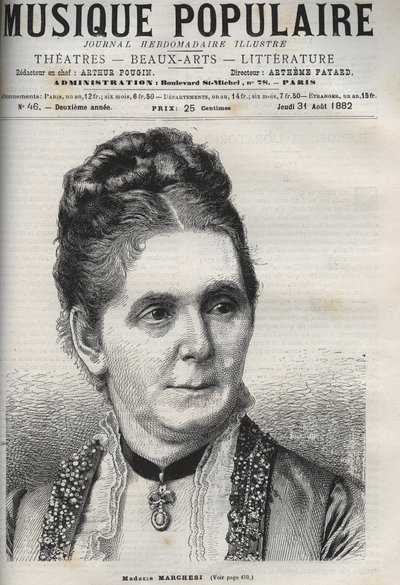 Mathilde Marchesi (1821-1913) német mezzoszoprán - metszet a ""populáris zene""" jeles hetilapba - 1882 alkotó: Unknown artist
