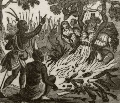 „McFarrent, a párját és a legénység négy tagját halálra égették a Sandwich-szigetek őslakosai”, 1836 körül alkotó: Unknown artist
