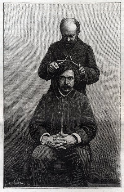 A fej maximális szélességének rendőri prefektúra által végzett mérései Alphonse Bertillon (1853-1914) „Bertillonnage” néven ismert módszerei szerint. Metszet a "" La Nature"-be alkotó: Unknown artist